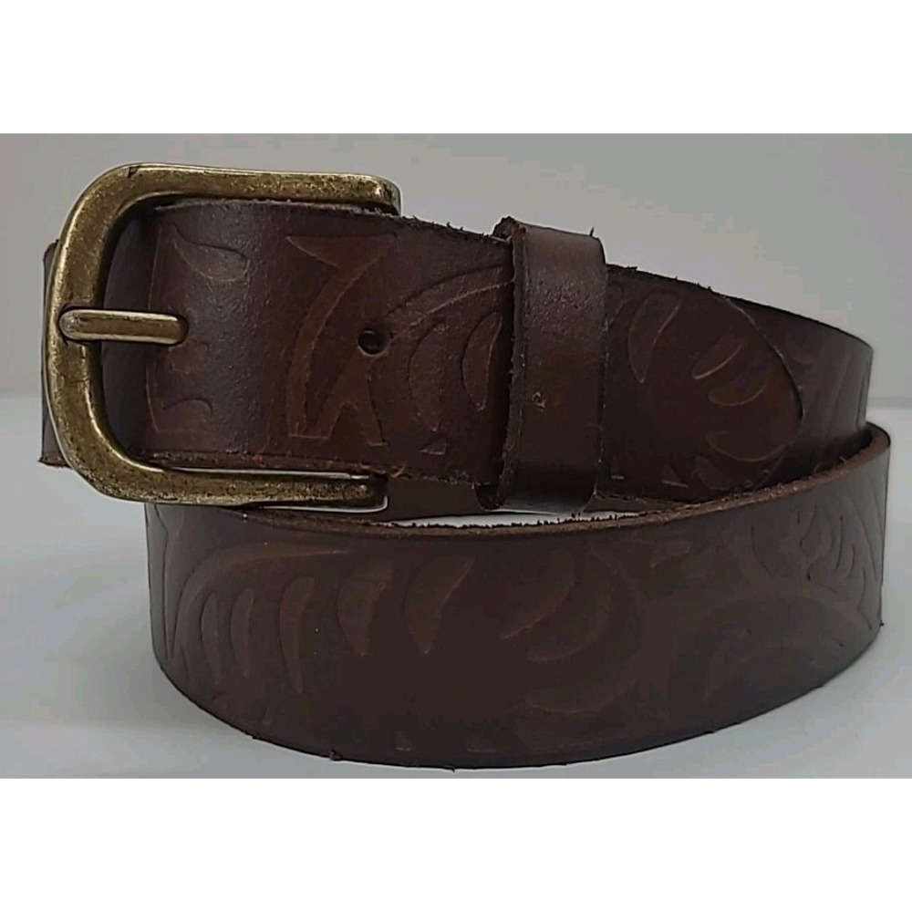 Classic Brown Embossed Leather Belt with Brass Buckle